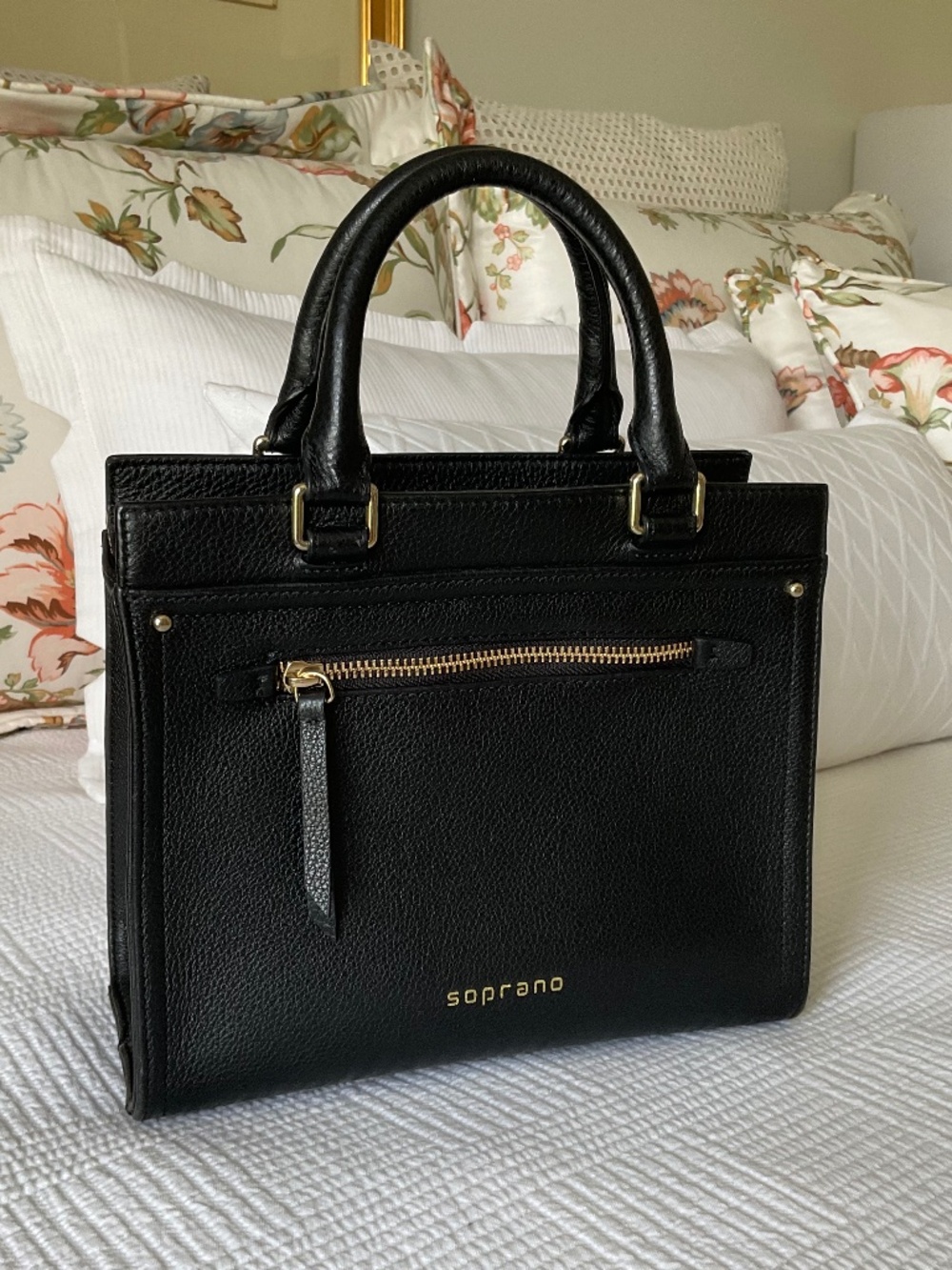 Soprano Leather Satchel “Aubrey” Black Pebble Small Tote Top Handle Shoulder Bag